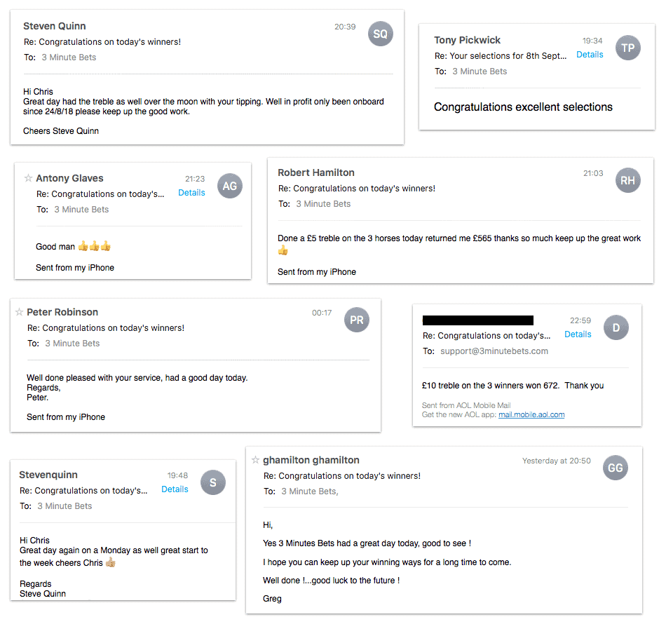 3 Minute Bets testimonial section