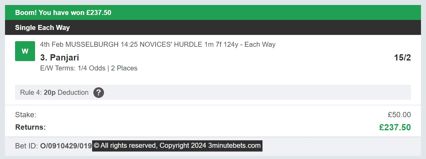 3 Minute Bets - Winner 1 - 2024-02-04
