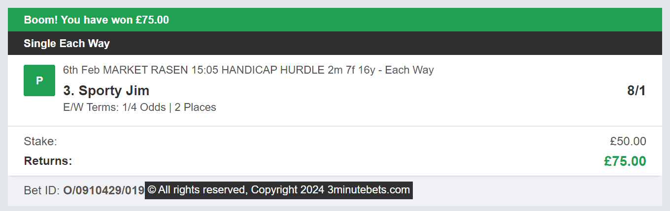 3 Minute Bets - Winner 1 - 2024-02-06