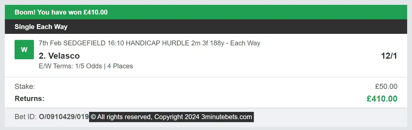 3 Minute Bets - Winner 2 - 2024-02-07