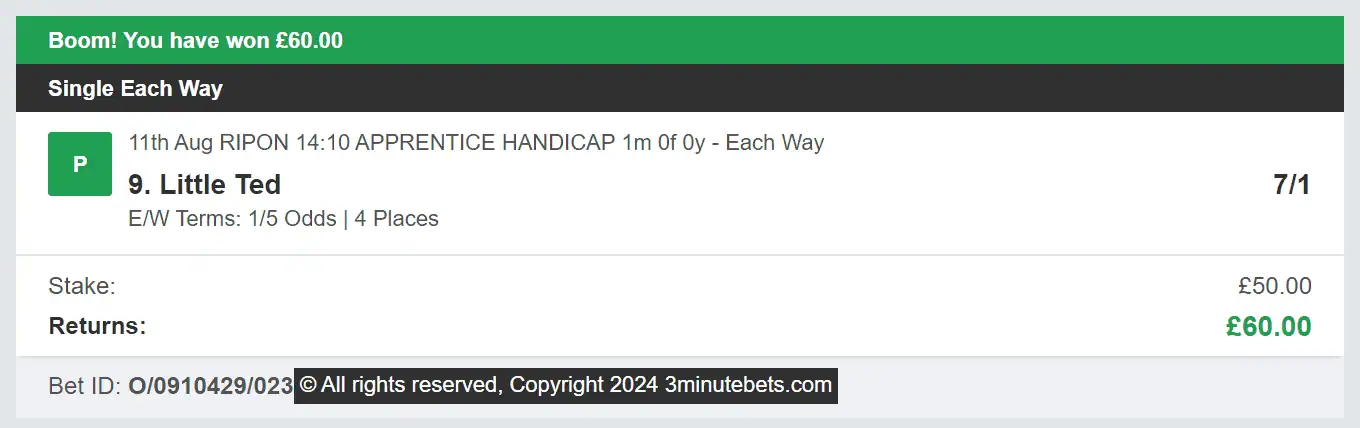 3 Minute Bets - Winner 2 - 2024-08-11