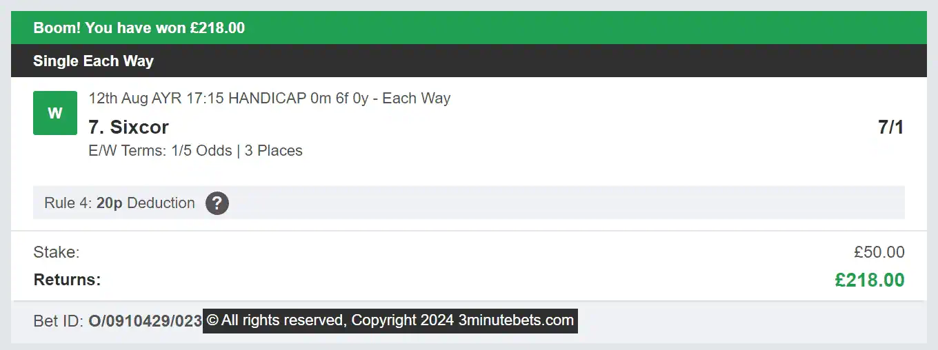 3 Minute Bets - Winner 2 - 2024-08-12