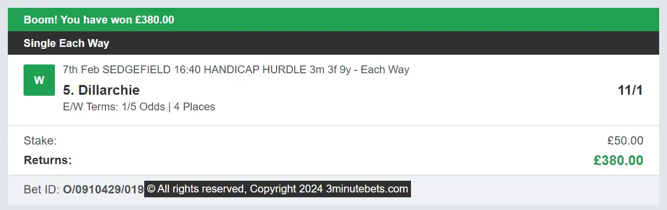 3 Minute Bets - Winner 3 - 2024-02-07