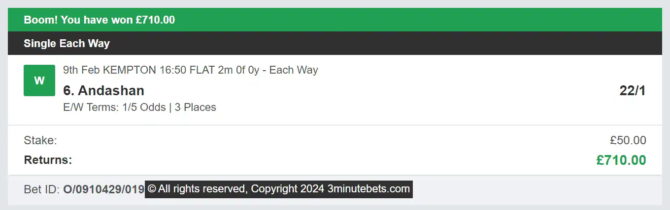 3 Minute Bets - Winner 3 - 2024-02-09